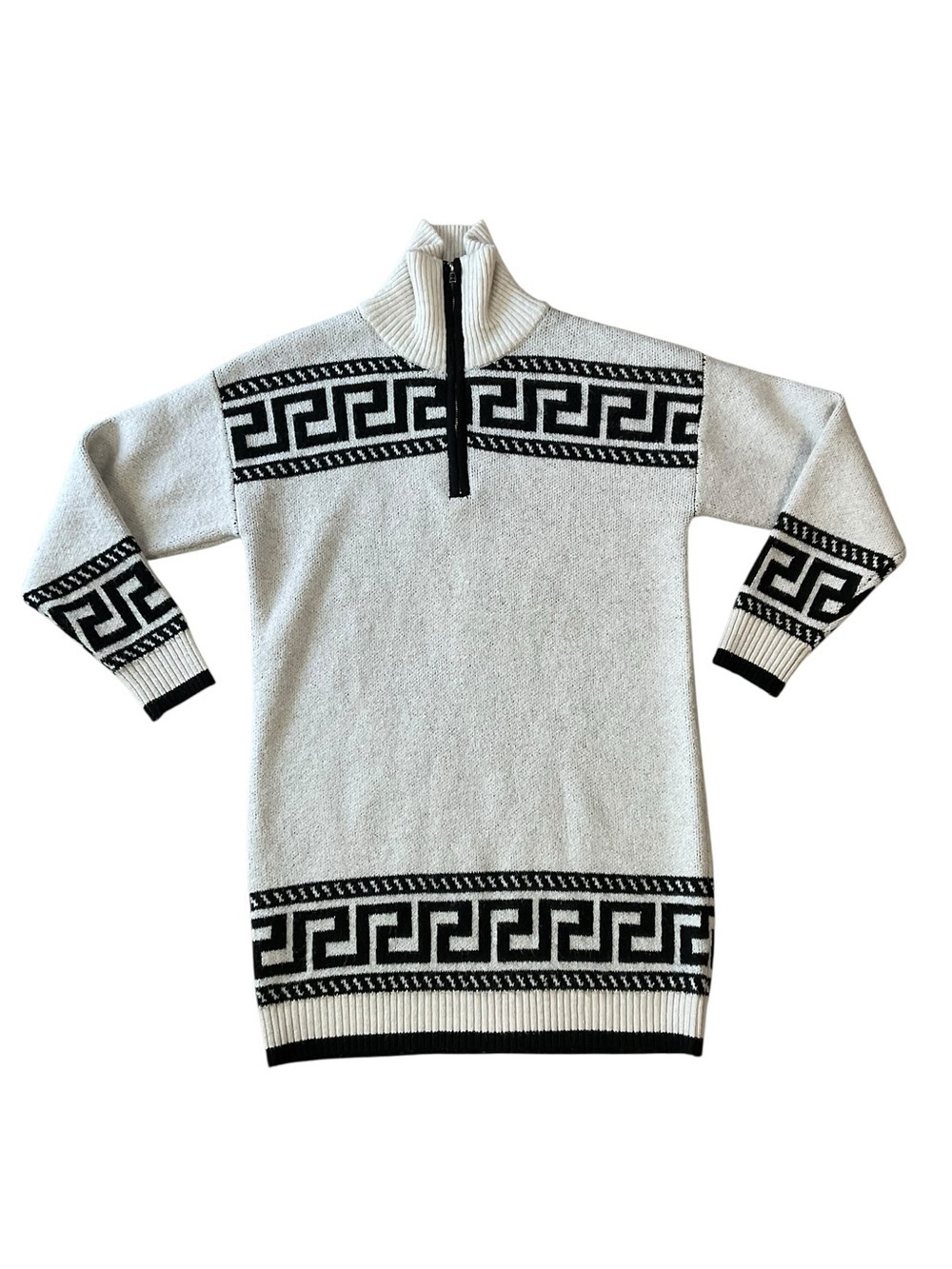 VICI Safina Abstract Quarter Zip Mini Sweater Dress XS Greek Key Knit Neutral